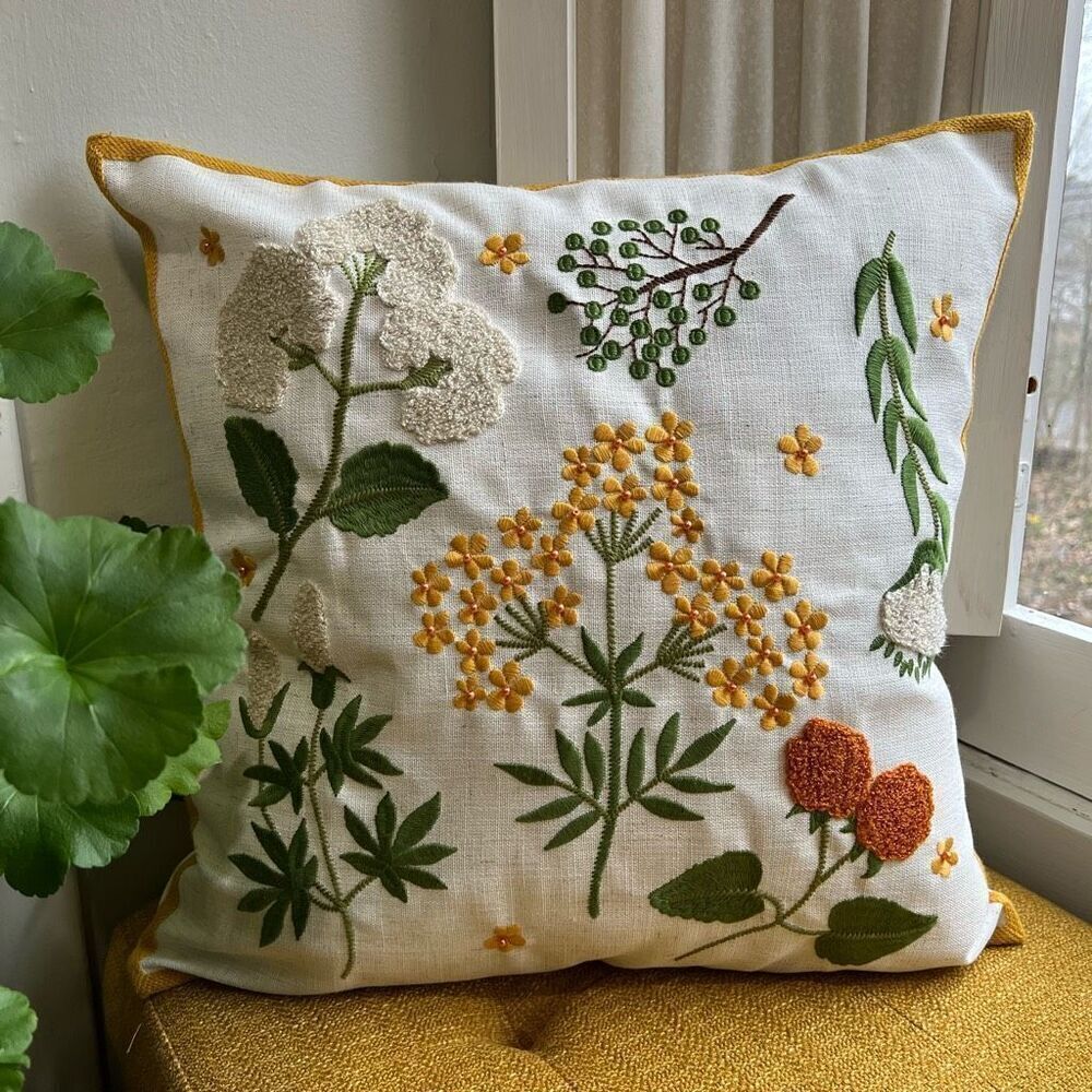 Embroidered Spring Wildflowers Throw Pillow Cover 18x18